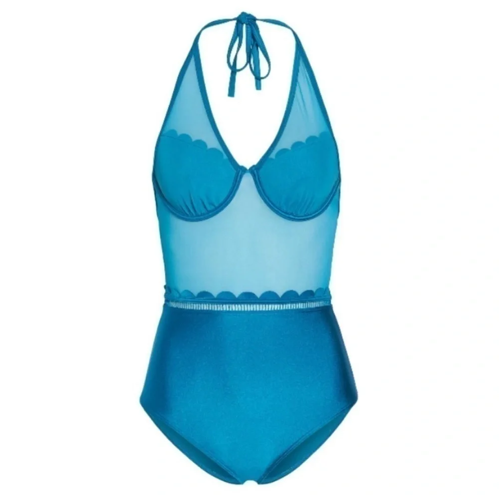Ted Baker Kesia Scalloped Mesh One Piece Swimsuit Size 32C Teal - Picture 1 of 7